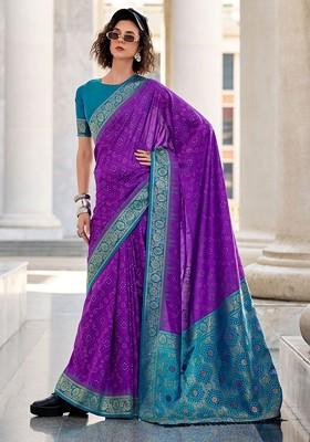 Purple Embroidered Poly Blend Saree Set With Blouse