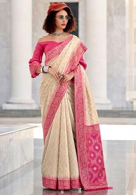 Off White Embroidered Poly Blend Saree Set With Blouse