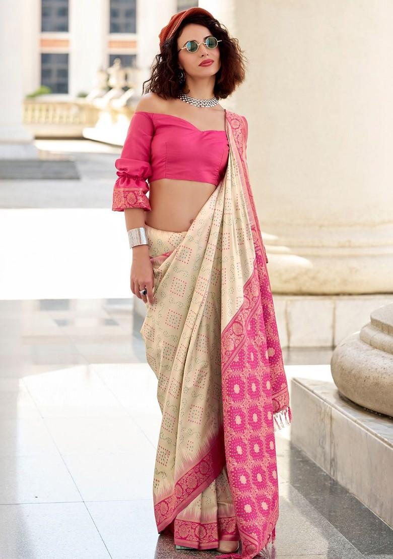 Off White Embroidered Poly Blend Saree Set With Blouse