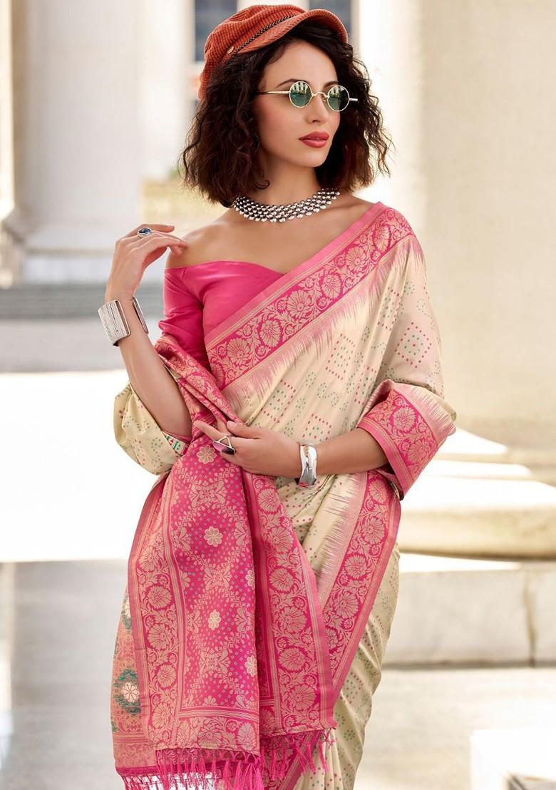 Off White Embroidered Poly Blend Saree Set With Blouse