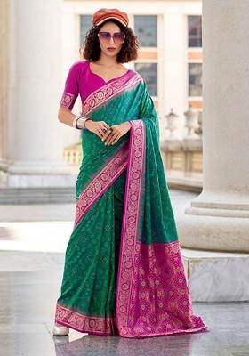 Green Printed Poly Blend Saree Set With Blouse