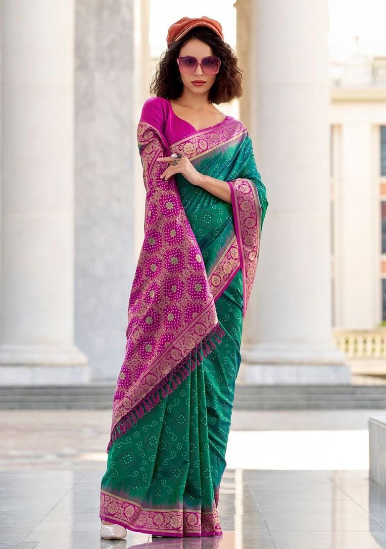 Green Printed Poly Blend Saree Set With Blouse