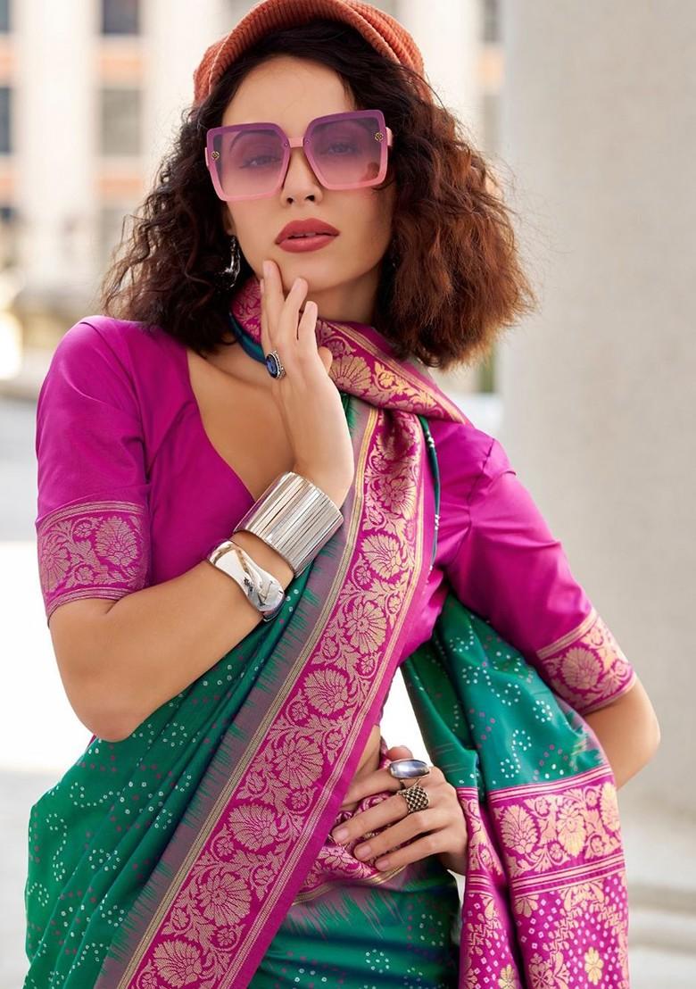 Green Printed Poly Blend Saree Set With Blouse