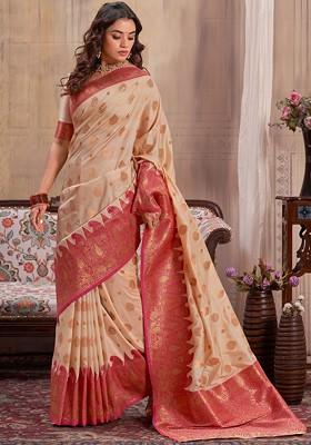 Off White Woven Design Poly Blend Saree Set With Blouse