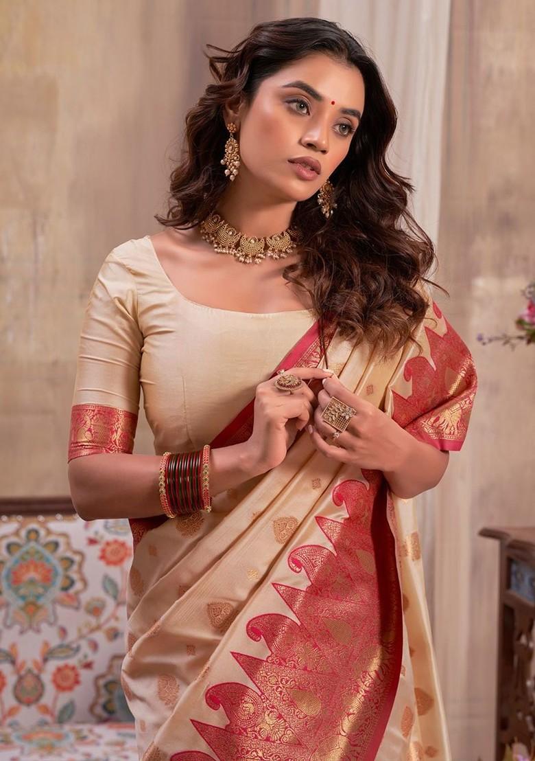 Off White Woven Design Poly Blend Saree Set With Blouse