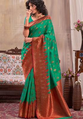 Teal Green Woven Design Poly Blend Saree Set With Blouse