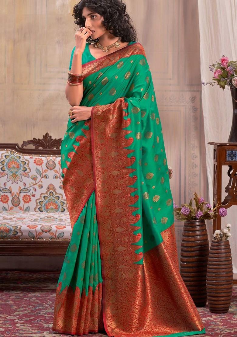 Teal Green Woven Design Poly Blend Saree Set With Blouse