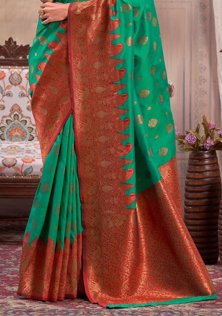 Teal Green Woven Design Poly Blend Saree Set With Blouse