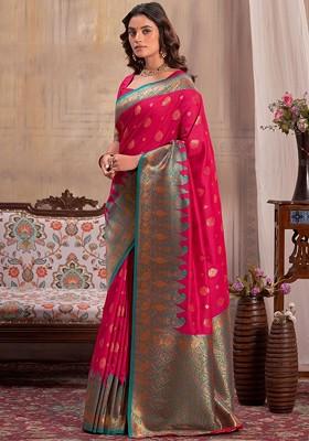 Pink Woven Design Poly Blend Saree Set With Blouse