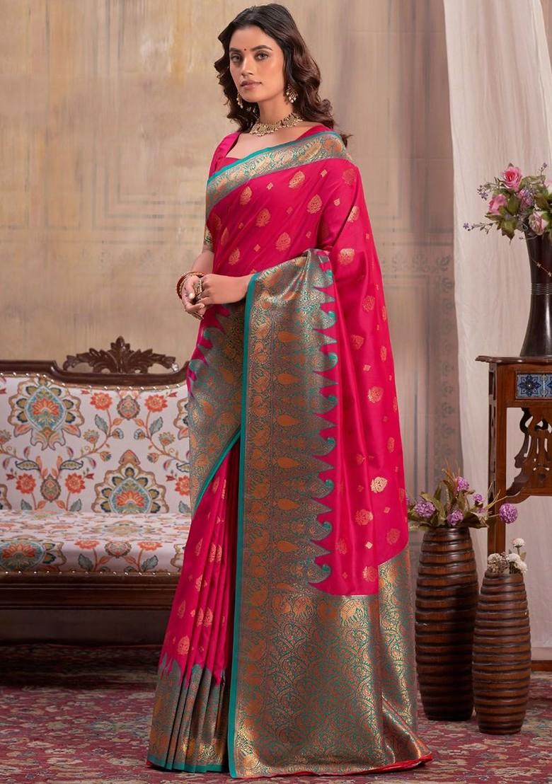 Pink Woven Design Poly Blend Saree Set With Blouse