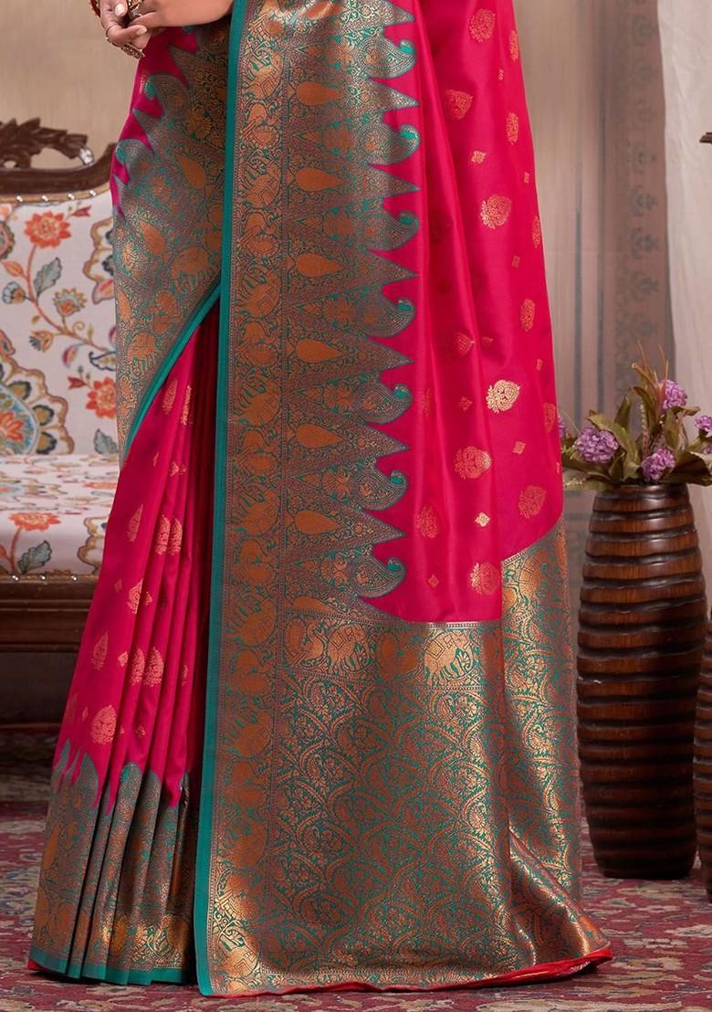 Pink Woven Design Poly Blend Saree Set With Blouse