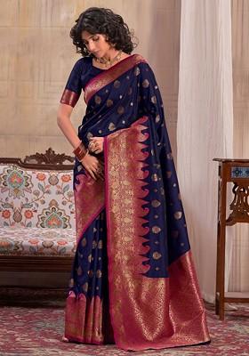 Navy Blue Woven Design Poly Blend Saree Set With Blouse