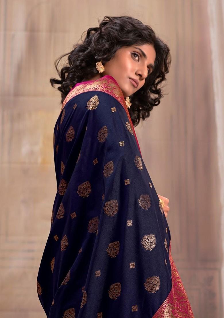 Navy Blue Woven Design Poly Blend Saree Set With Blouse