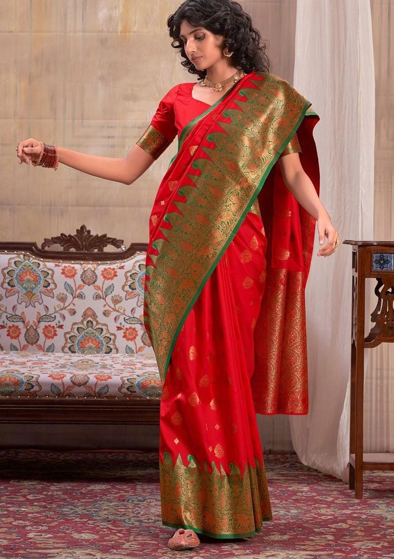 Orange Woven Design Poly Blend Saree Set With Blouse