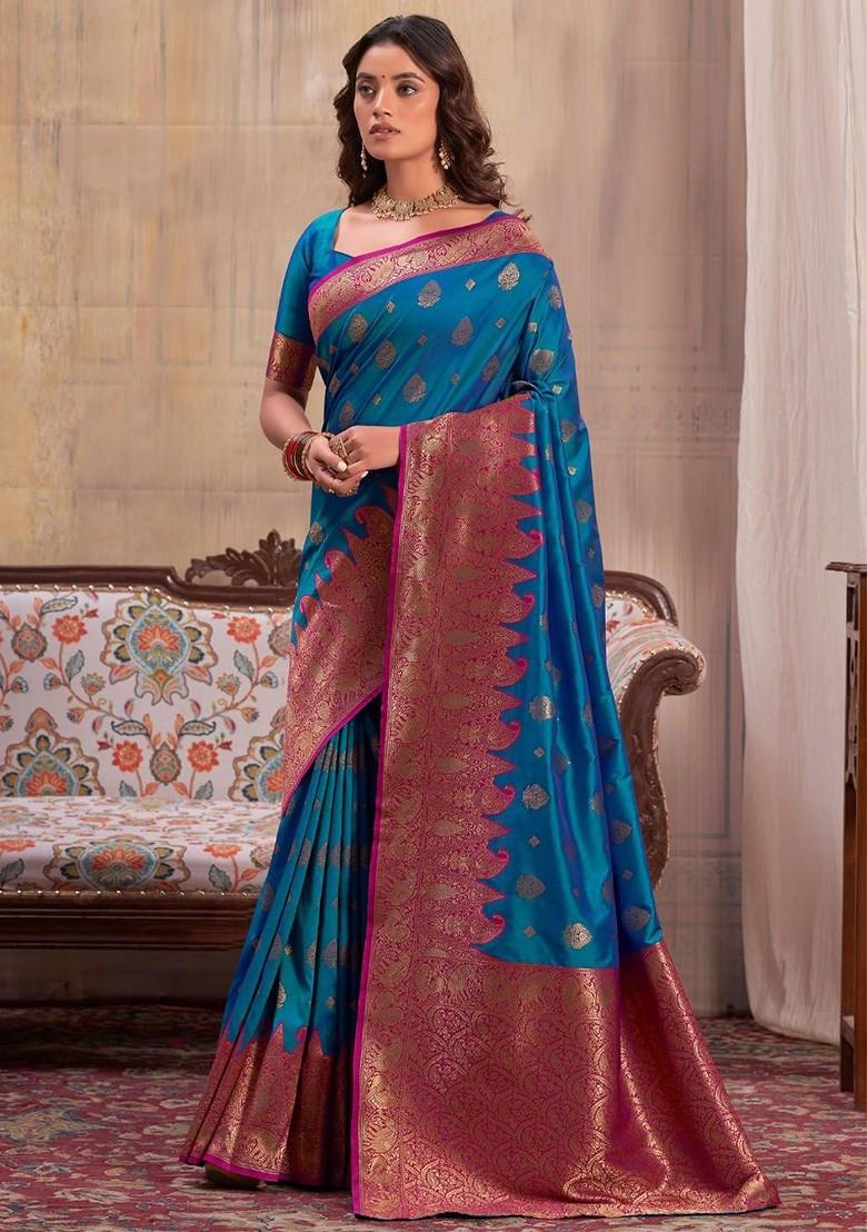 Blue Woven Design Poly Blend Saree Set With Blouse