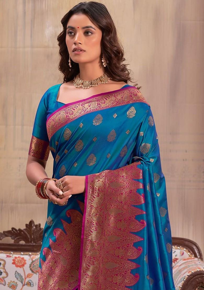 Blue Woven Design Poly Blend Saree Set With Blouse
