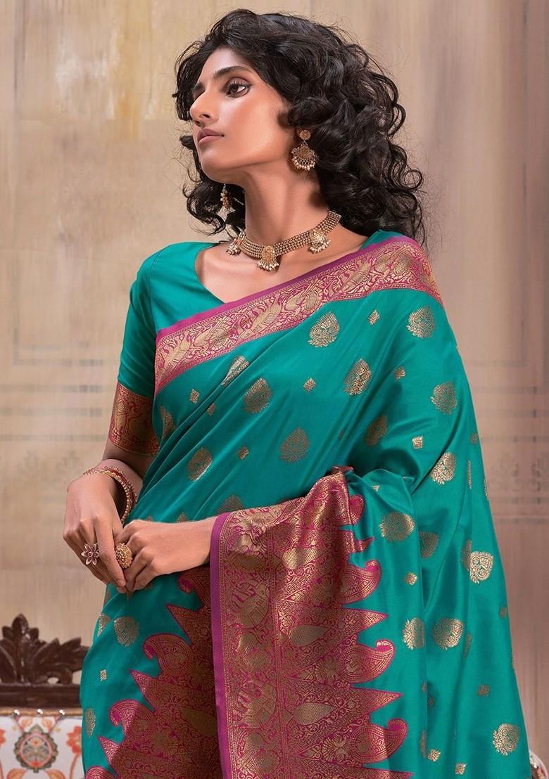 Green Woven Design Poly Blend Saree Set With Blouse