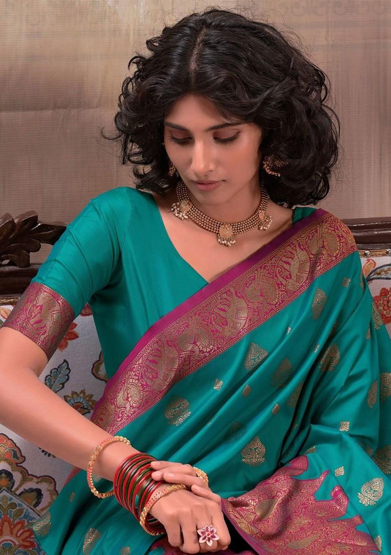 Green Woven Design Poly Blend Saree Set With Blouse