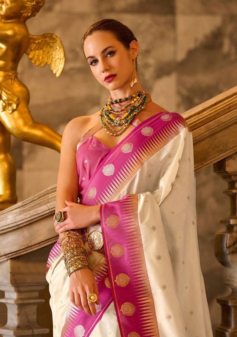 Cream Woven Design Poly Blend Saree Set With Blouse