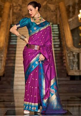 Purple Woven Design Poly Blend Saree Set With Blouse