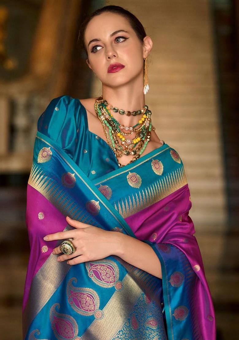 Purple Woven Design Poly Blend Saree Set With Blouse