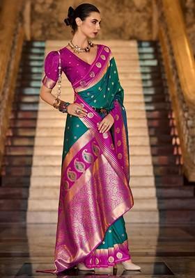 Green Woven Design Poly Blend Saree Set With Blouse