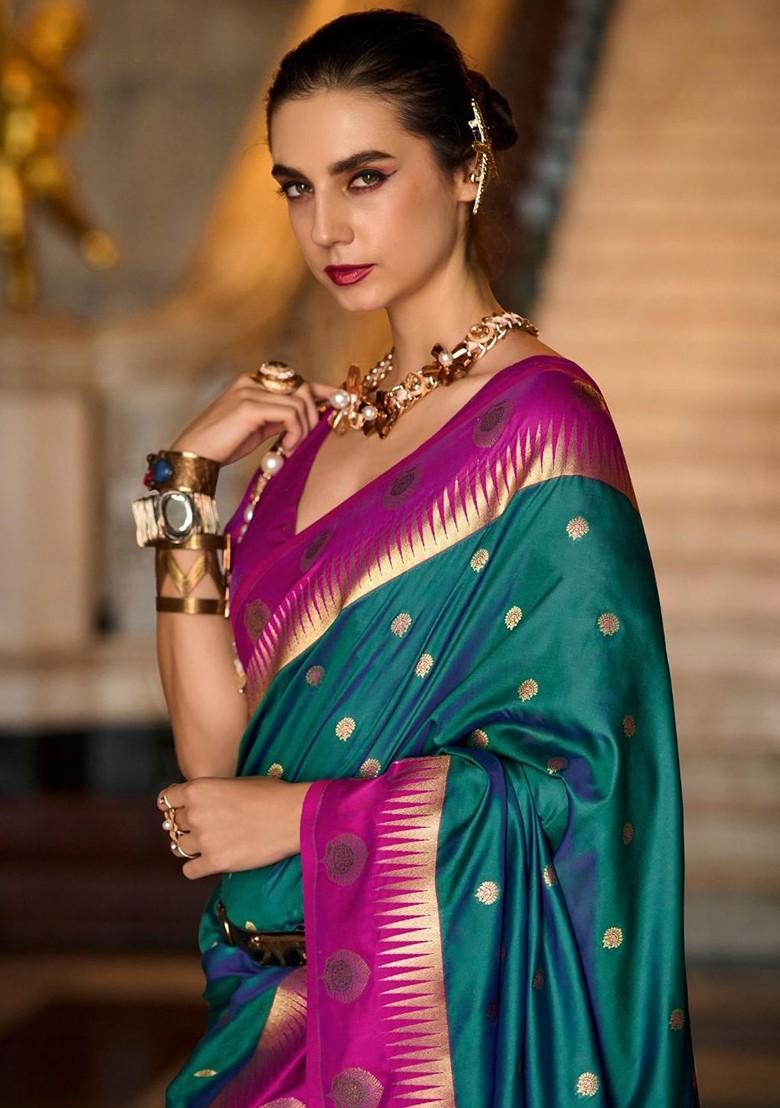 Green Woven Design Poly Blend Saree Set With Blouse