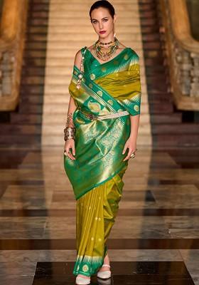 Mustard Yellow Woven Design Poly Blend Saree Set With Blouse
