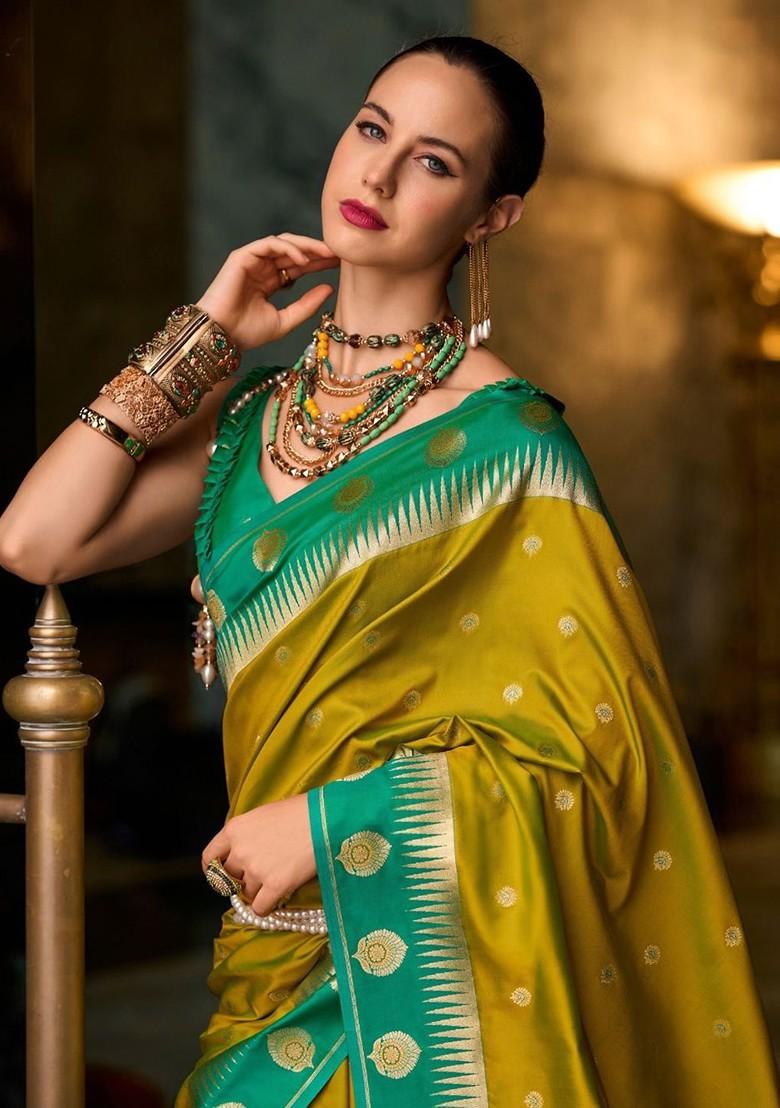 Mustard Yellow Woven Design Poly Blend Saree Set With Blouse