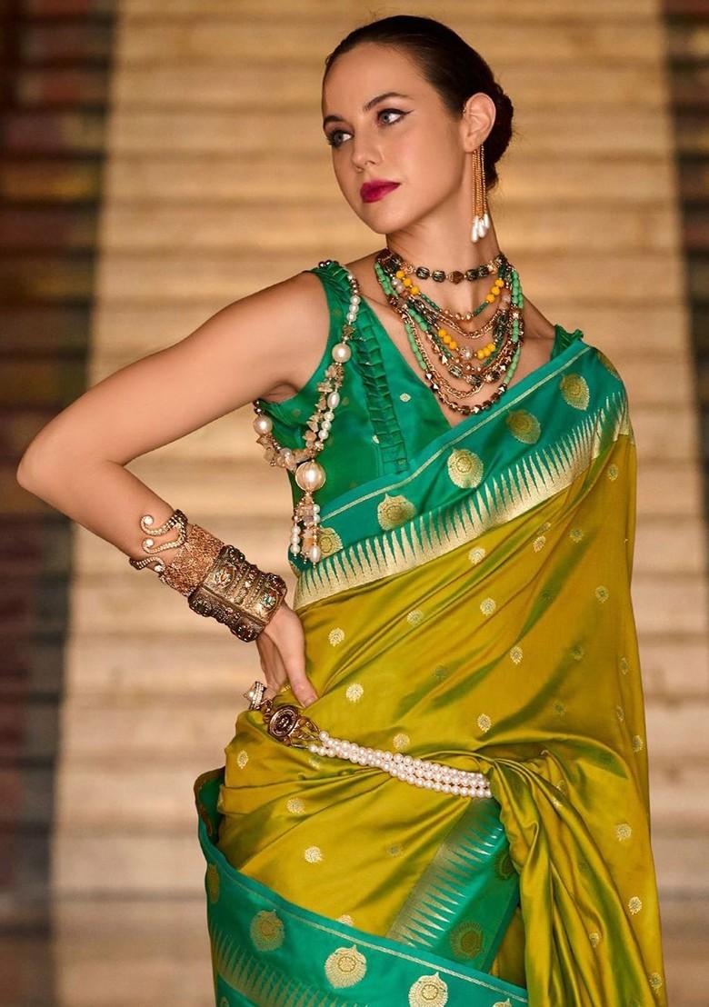 Mustard Yellow Woven Design Poly Blend Saree Set With Blouse