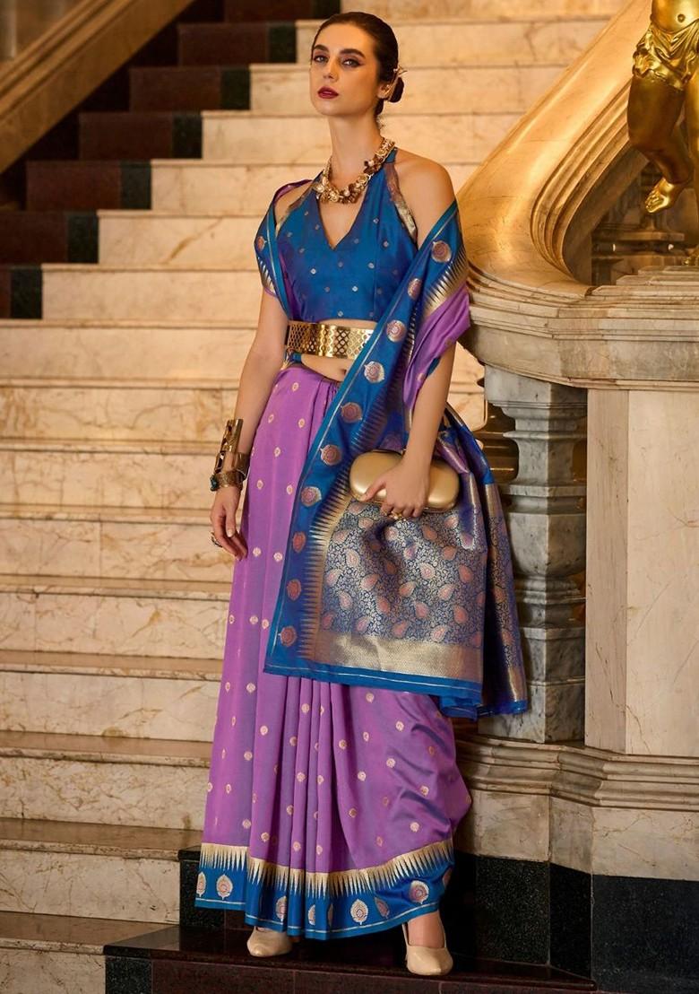 Purple Woven Design Poly Blend Saree Set With Blouse