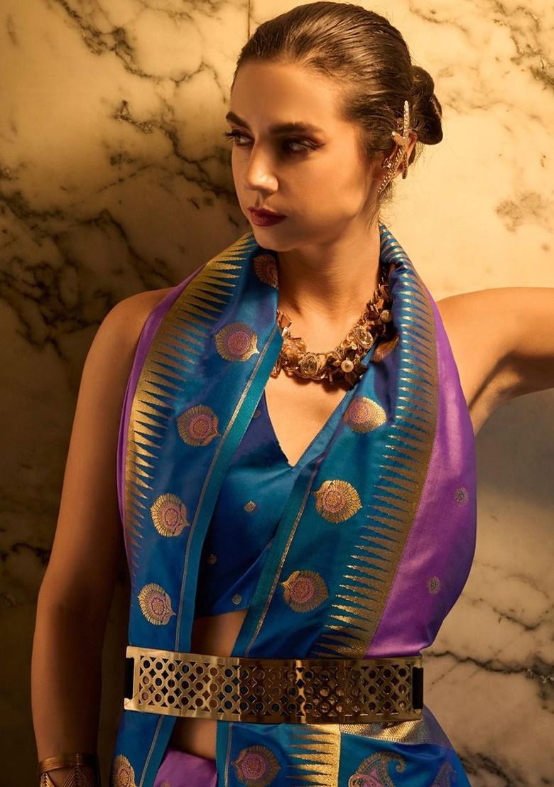 Purple Woven Design Poly Blend Saree Set With Blouse