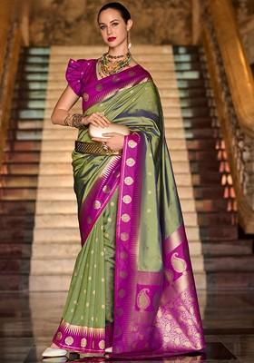 Green Woven Design Poly Blend Saree Set With Blouse