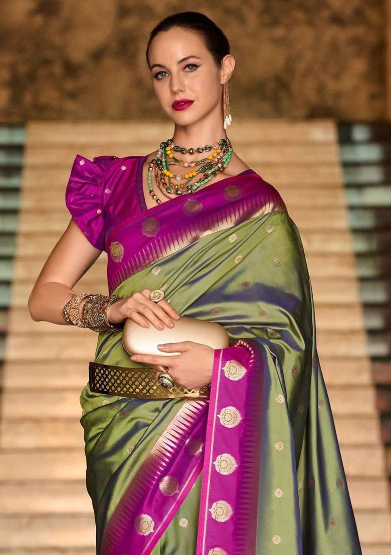 Green Woven Design Poly Blend Saree Set With Blouse
