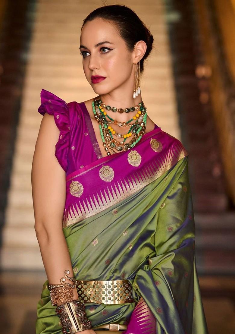 Green Woven Design Poly Blend Saree Set With Blouse