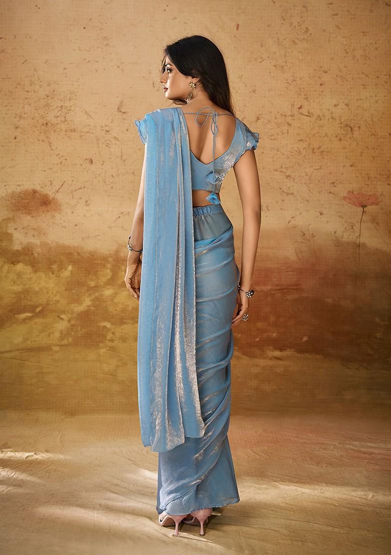 Blue Embroidered Poly Blend Saree Set With Blouse