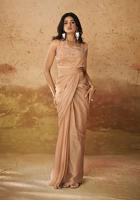 Beige Embroidered Poly Blend Saree Set With Blouse