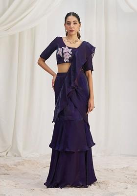Purple Embroidered Poly Blend Saree Set With Blouse