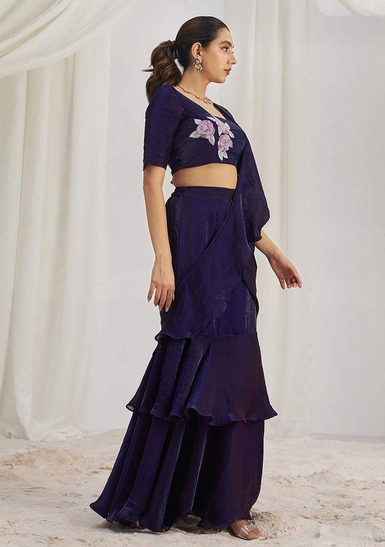 Purple Embroidered Poly Blend Saree Set With Blouse