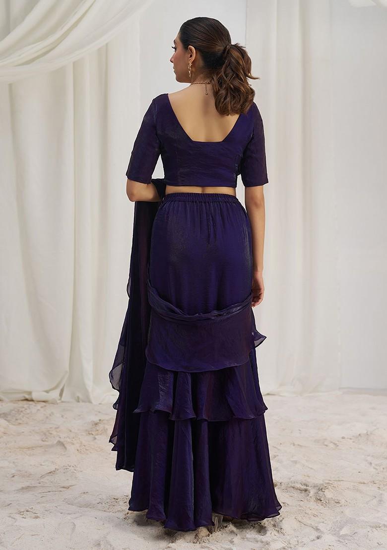 Purple Embroidered Poly Blend Saree Set With Blouse