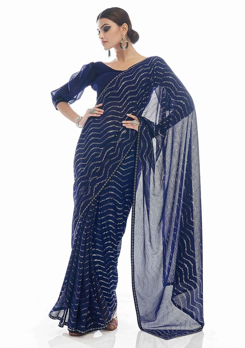 Navy Blue Embellished Poly Blend Saree Set With Blouse