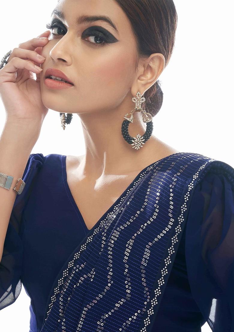 Navy Blue Embellished Poly Blend Saree Set With Blouse