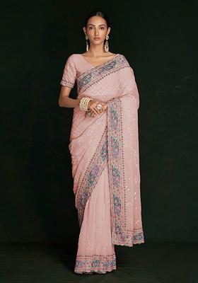 Peach Embroidered Poly Blend Saree Set With Blouse