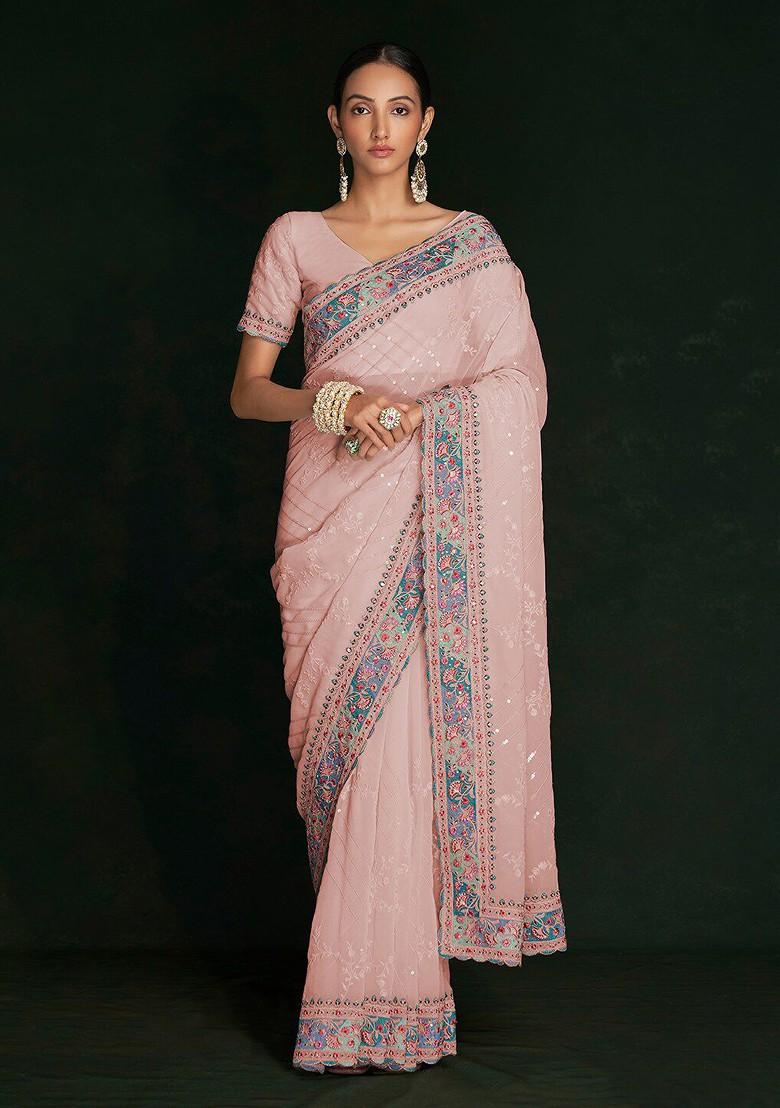 Peach Embroidered Poly Blend Saree Set With Blouse