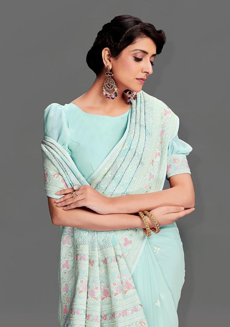 Blue Embroidered Poly Blend Saree Set With Blouse