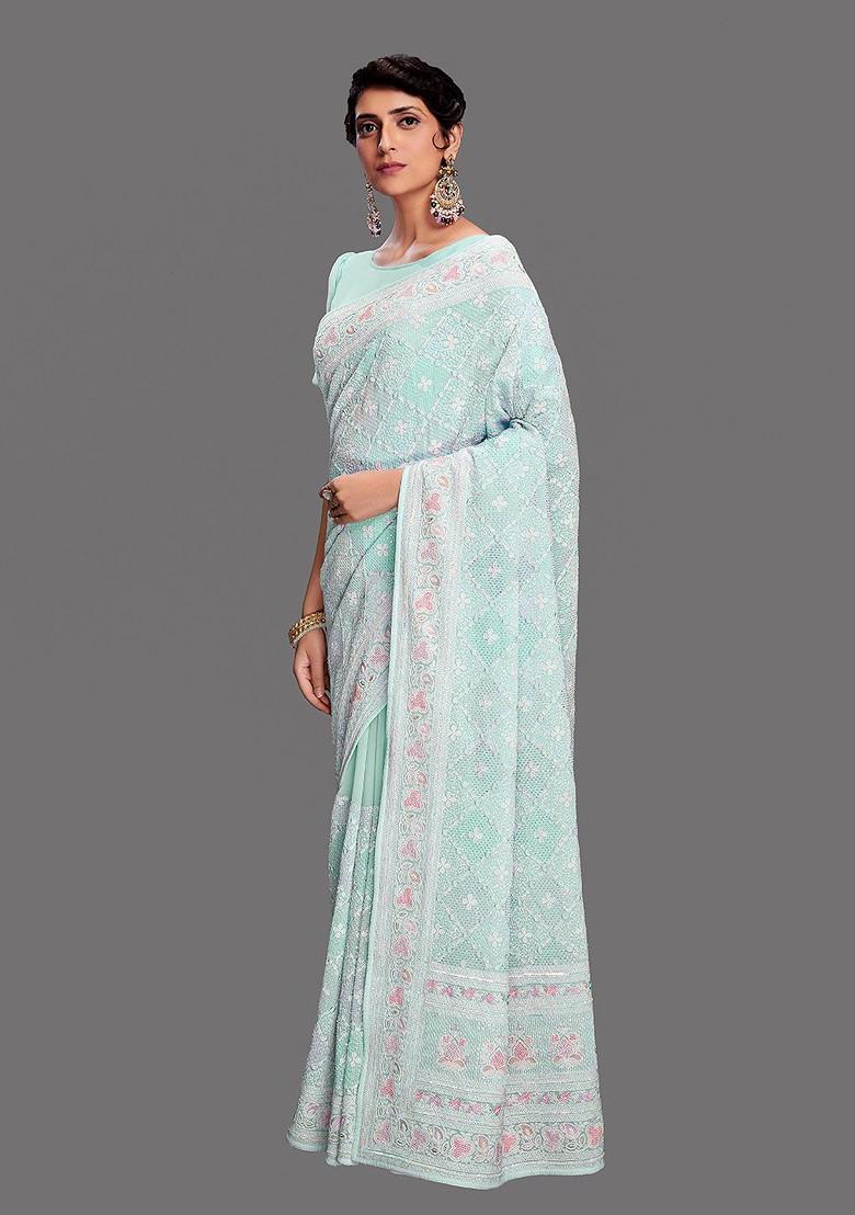 Blue Embroidered Poly Blend Saree Set With Blouse