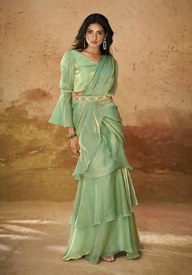 Green Embroidered Poly Blend Saree Set With Blouse