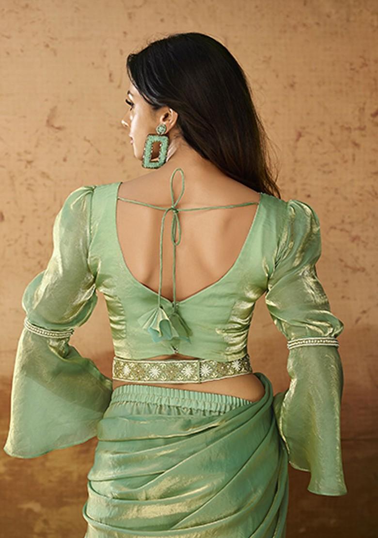 Green Embroidered Poly Blend Saree Set With Blouse