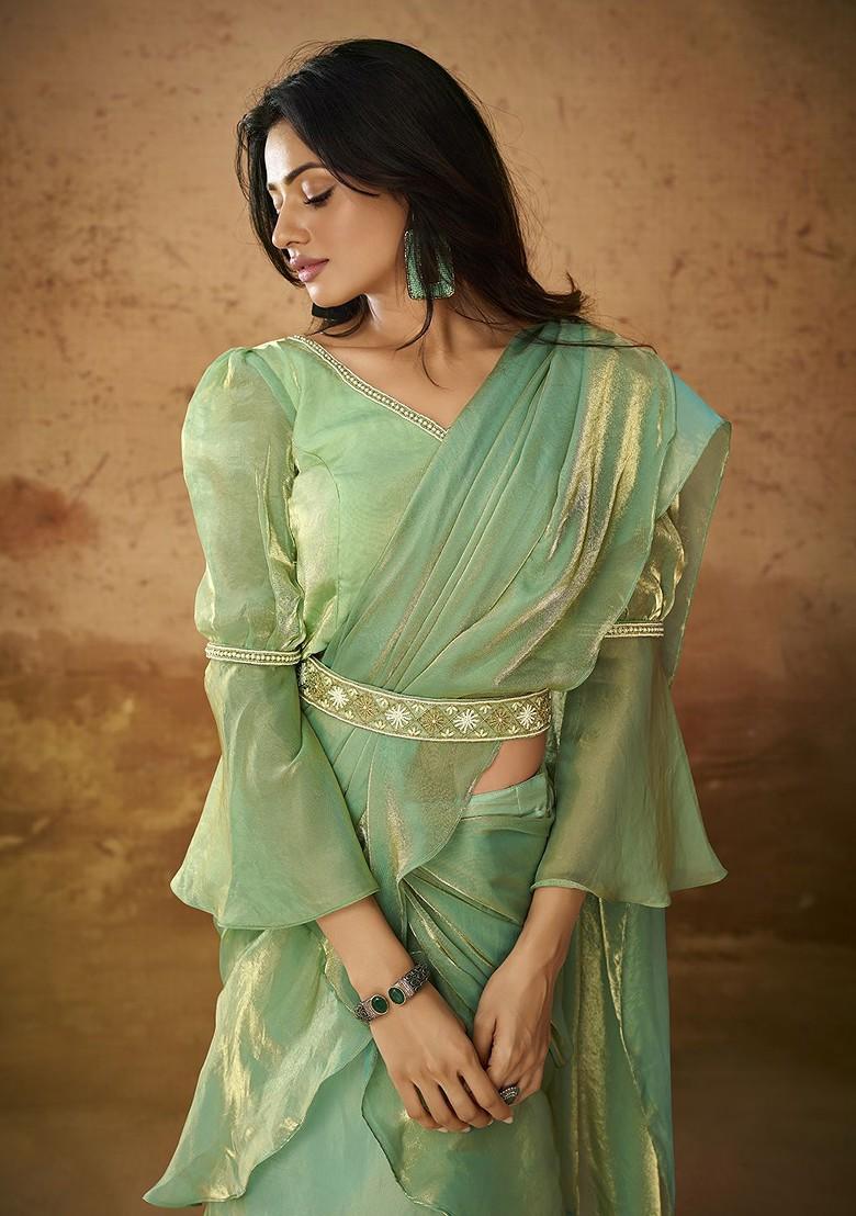Green Embroidered Poly Blend Saree Set With Blouse