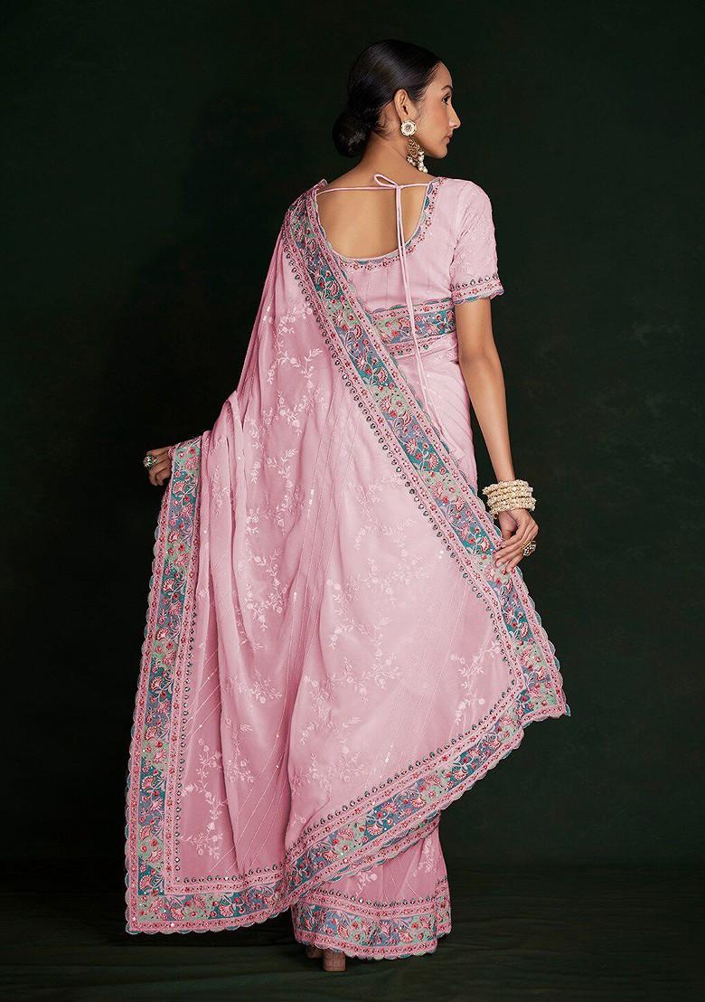 Pink Embroidered Poly Blend Saree Set With Blouse